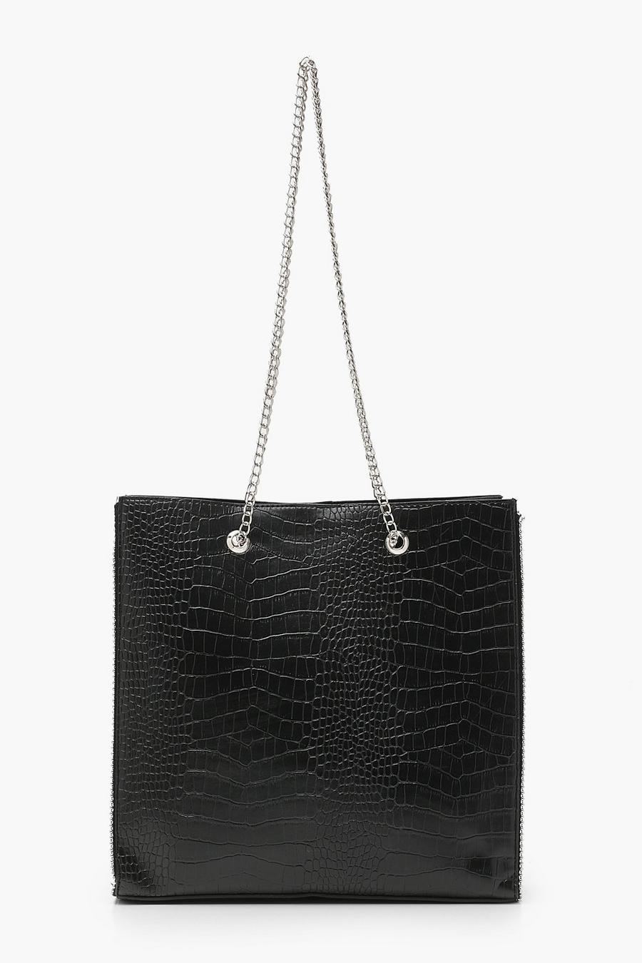 Black svart Premium Shoppingväska med krokodilskinnseffekt och metallpärlor