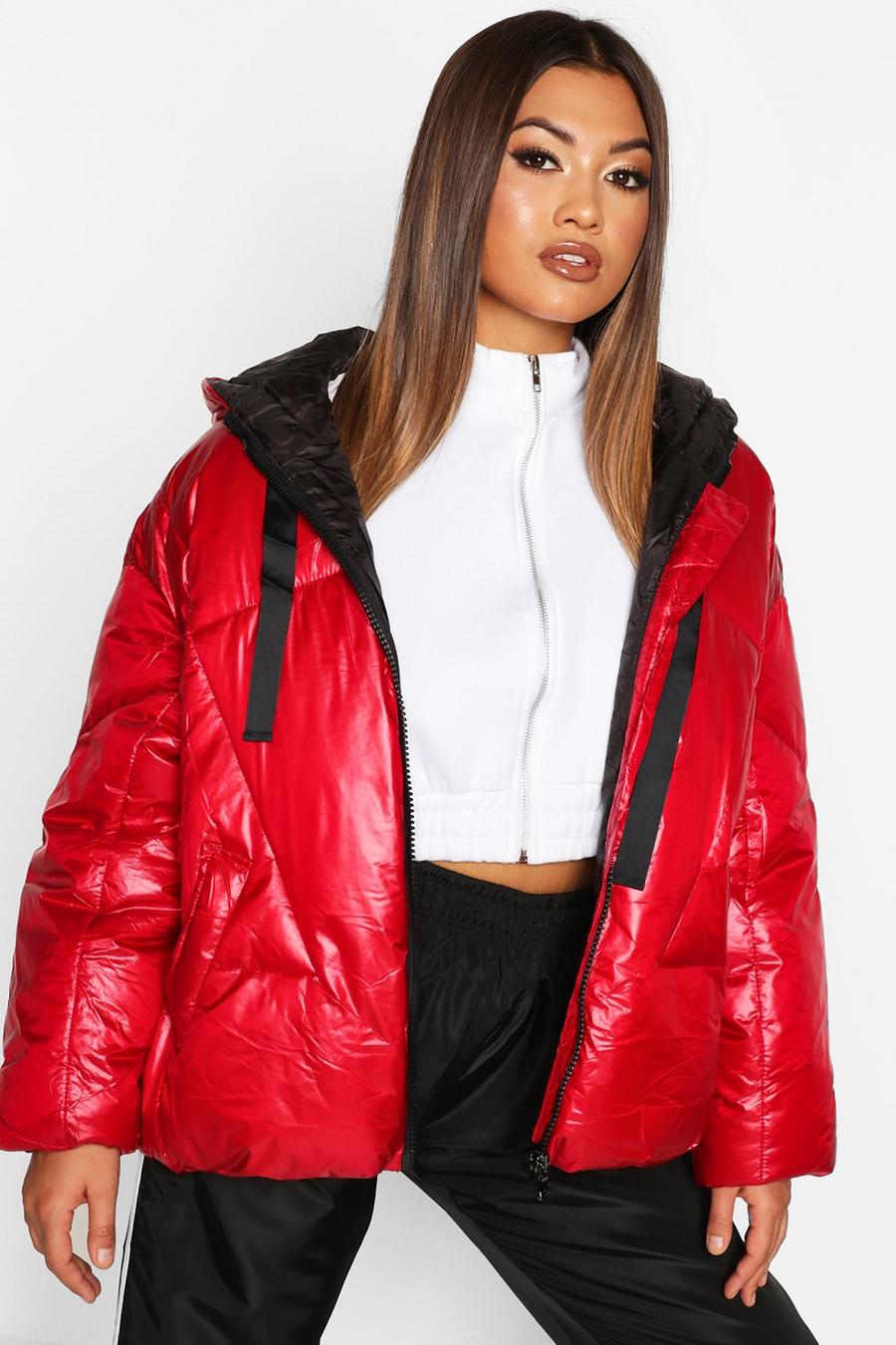 Red Oversized High Shine Puffer Jacket image number 1