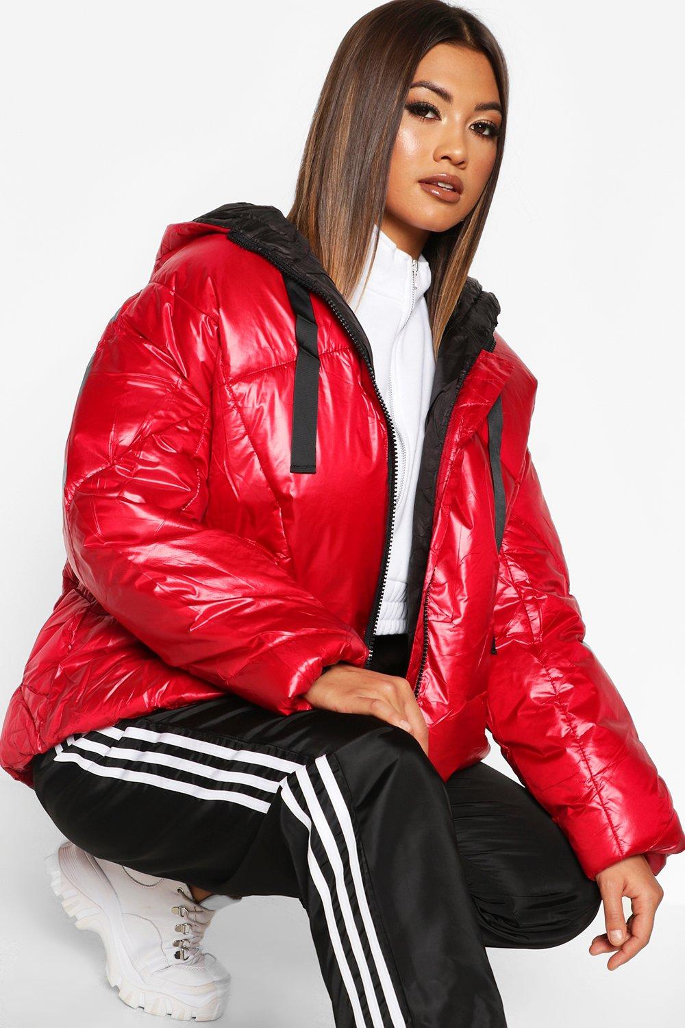 Red puffer jacket on sale boohoo