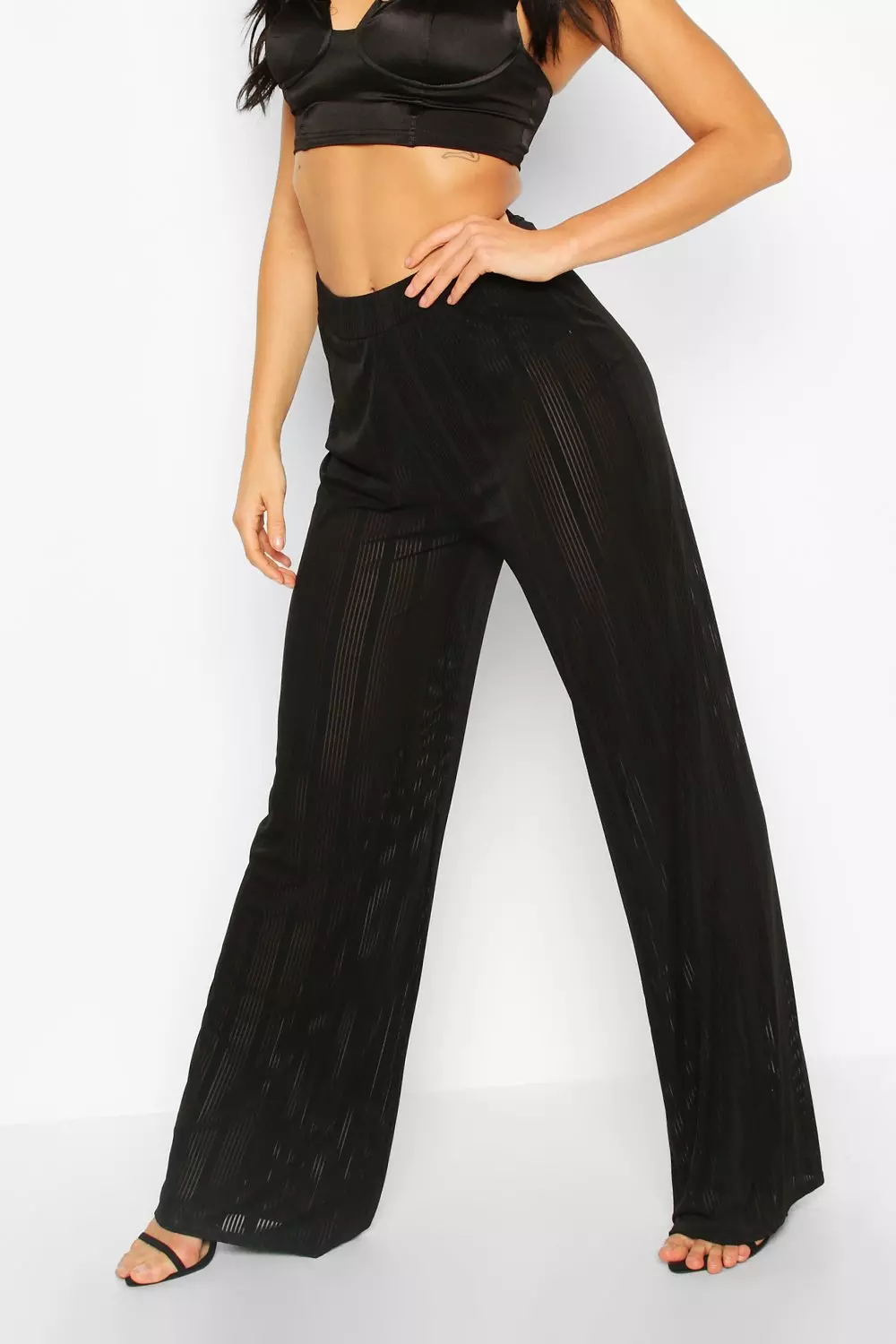 Black mesh stripe high waisted wide store leg trousers