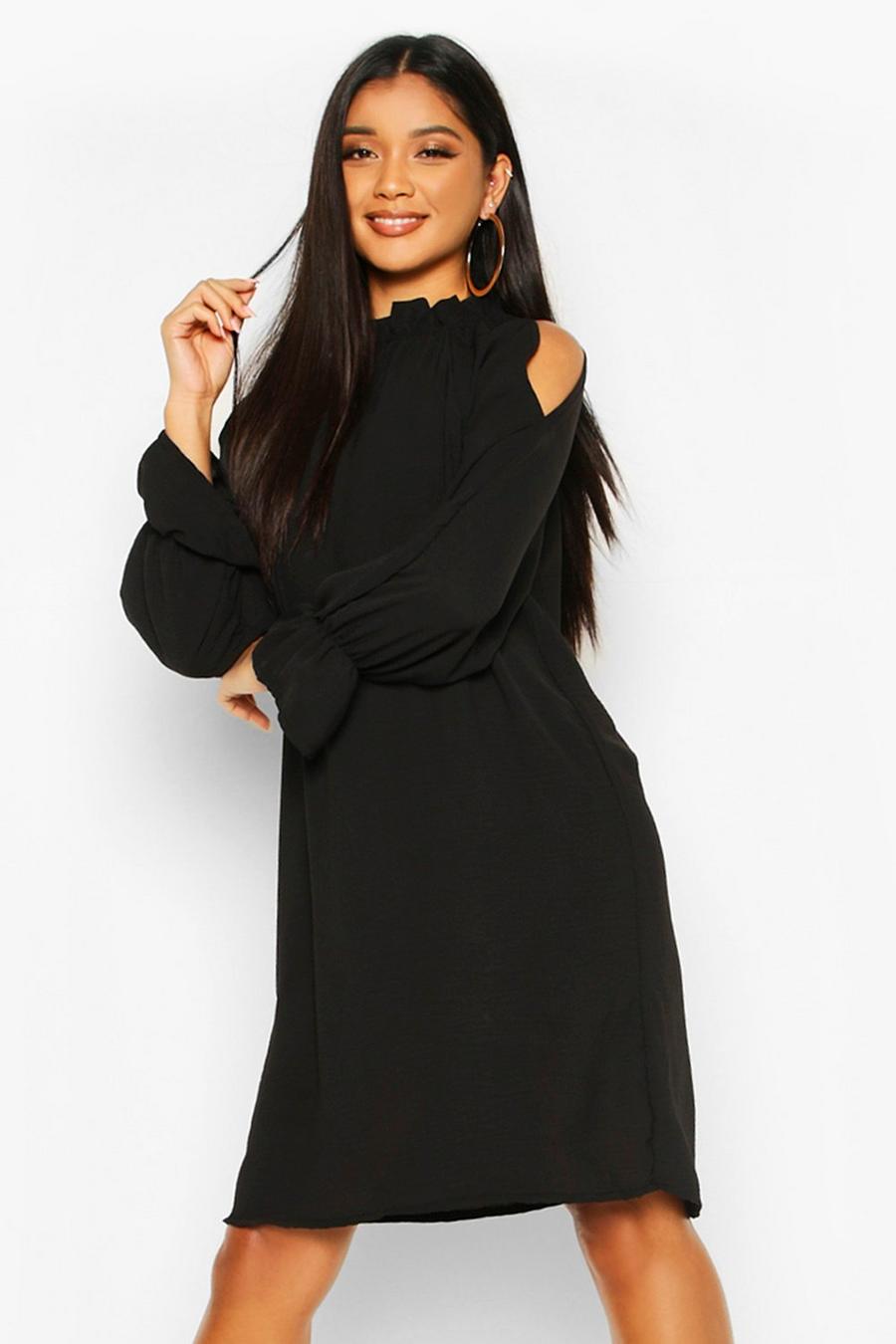 Black Woven Rouche High Neck Shift Dress image number 1