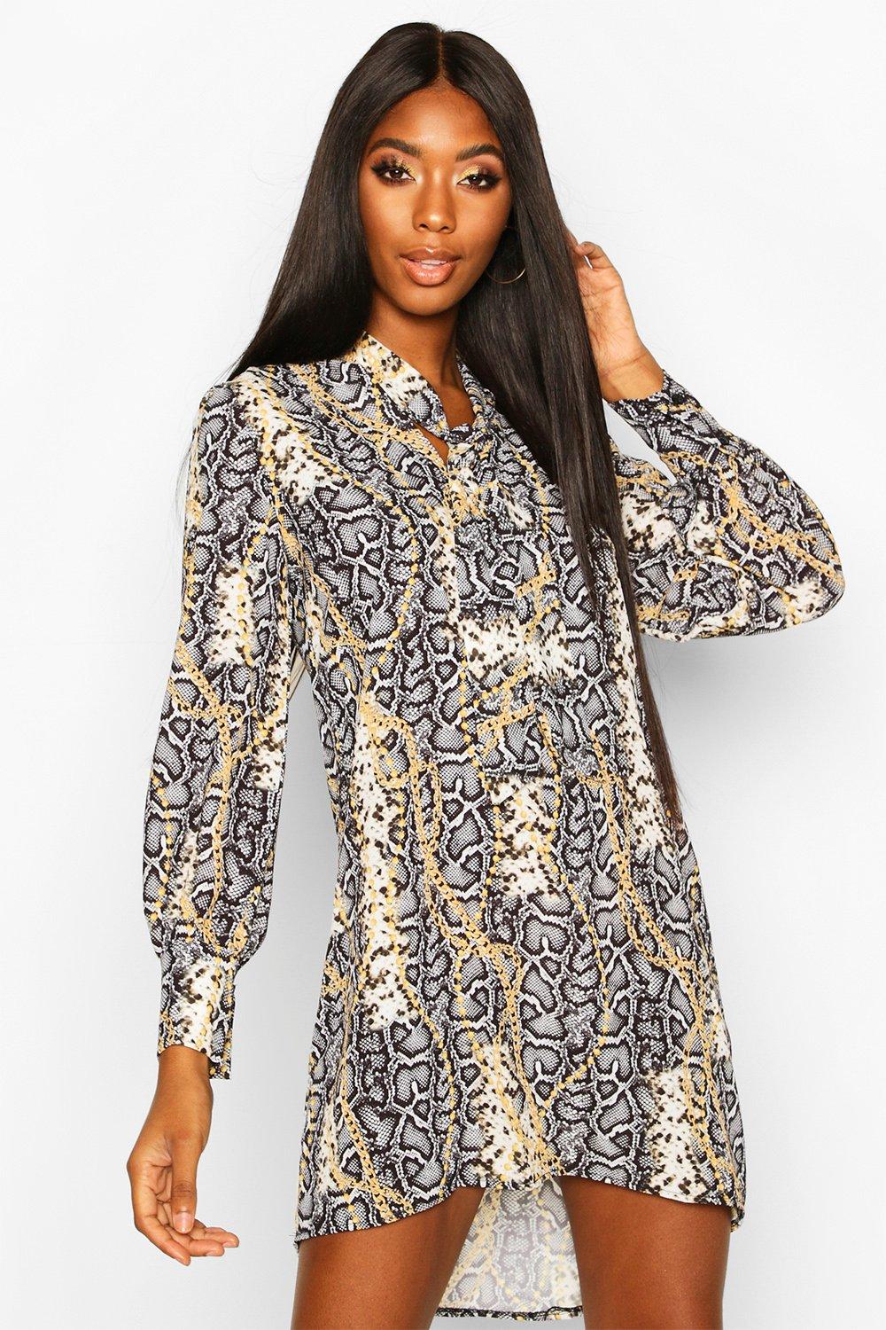 Boohoo snake on sale print shirt dress