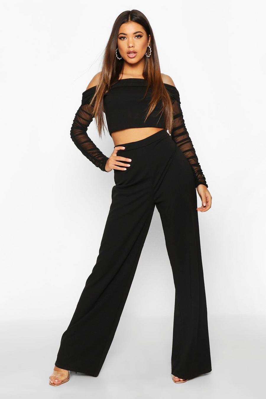 Mesh Bardot Crop And Wide Leg Pants Co-Ord image number 1