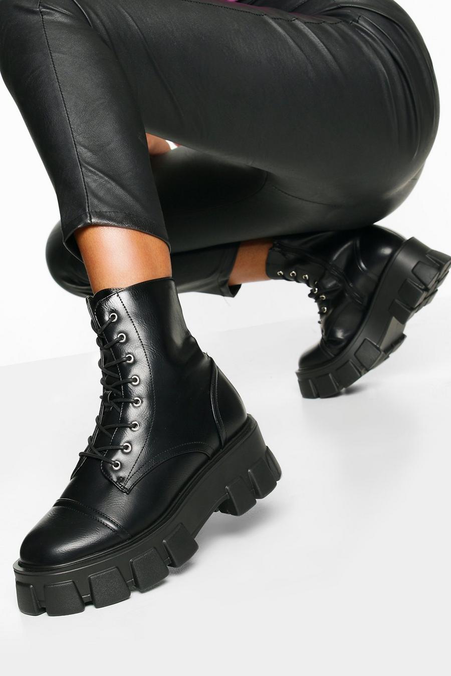 Black svart Chunky Cleated Hiker Boots