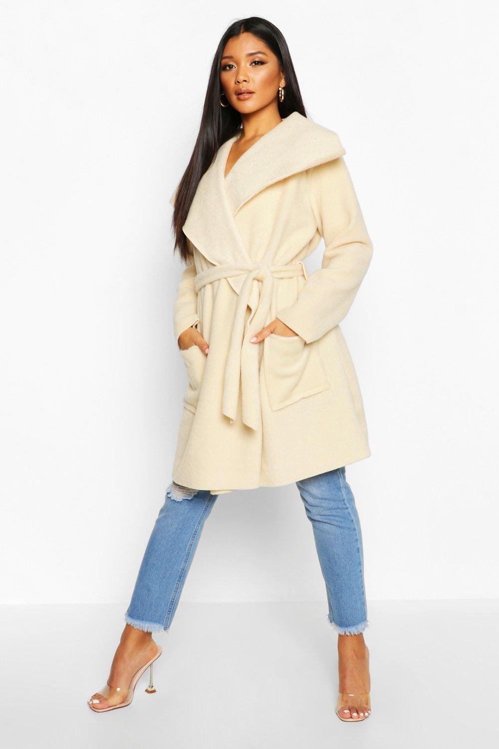 boohoo hooded wool look belted coat