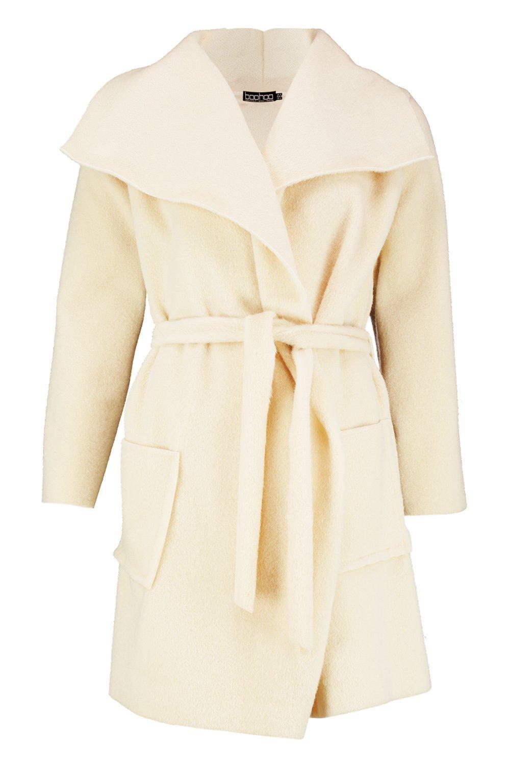 boohoo hooded wool look belted coat