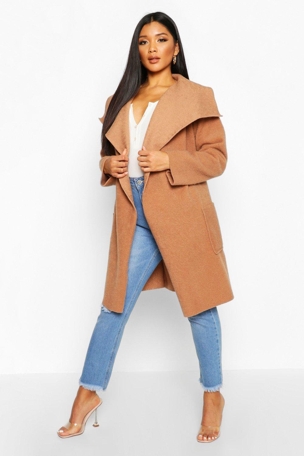 boohoo hooded wool look belted coat