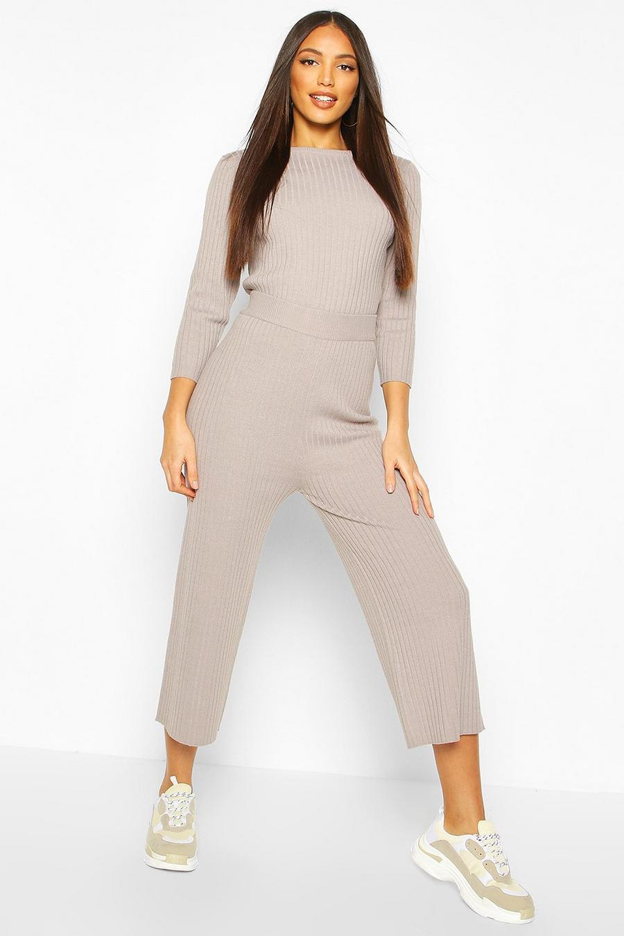 Grey Ribbed Knitted Culotte & Top Set image number 1