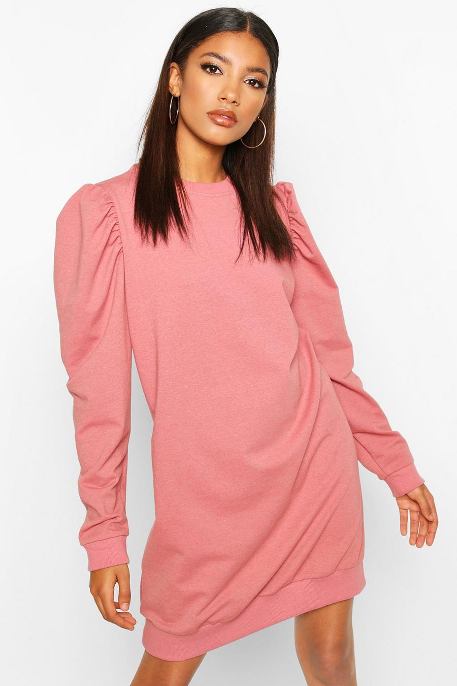Dusky pink Sweatshirtklänning med rund hals och puffärm image number 1