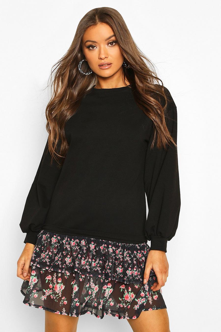 Black Blommig sweatshirtklänning med volangfåll image number 1