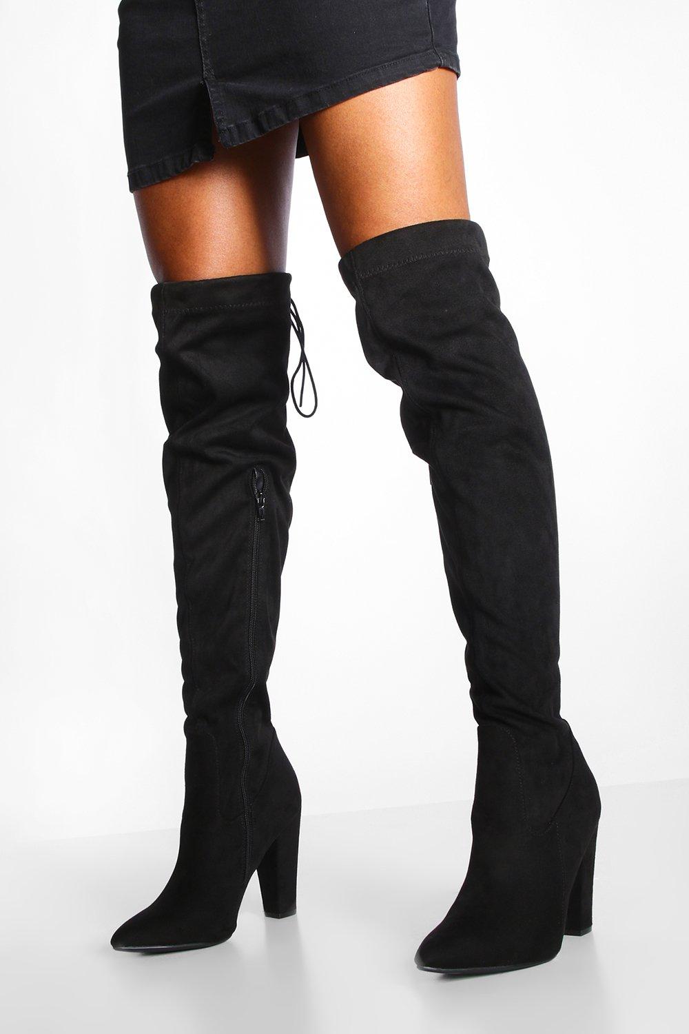 tie back over knee block heeled boots