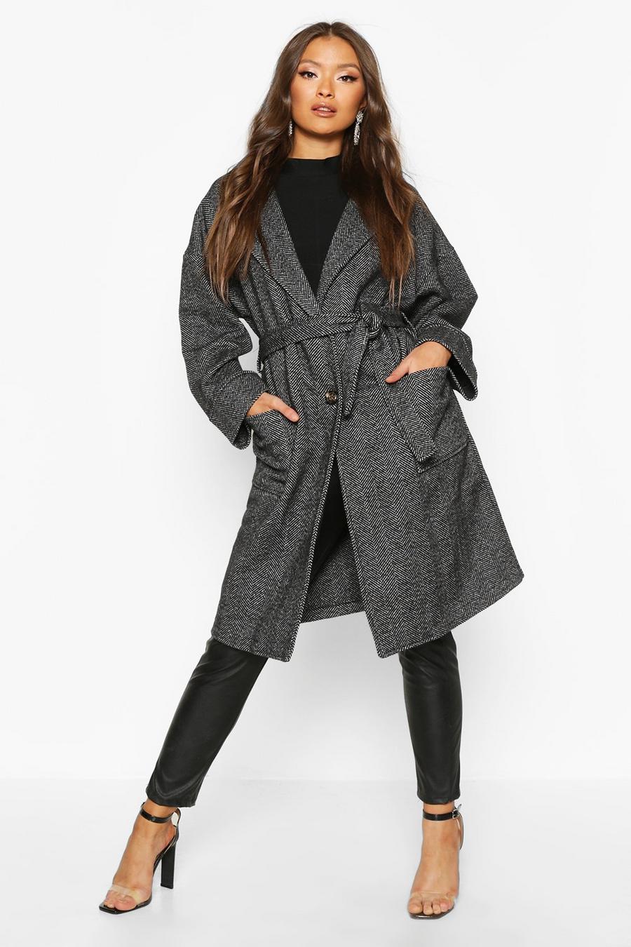 Grey Herringbone Belted Wool Look Coat image number 1