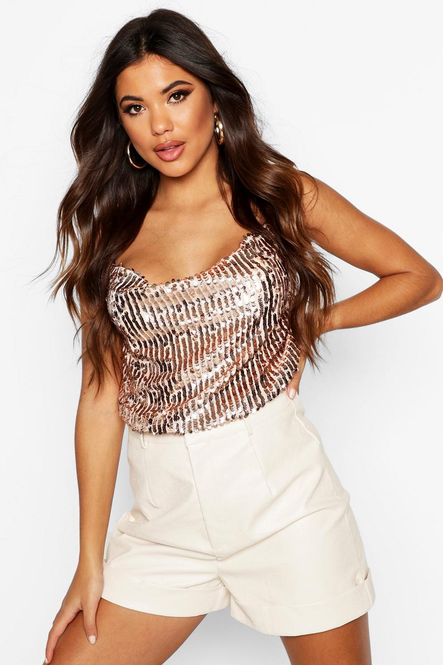 Rose gold Metallic Cowl Front Sequin Camisole image number 1