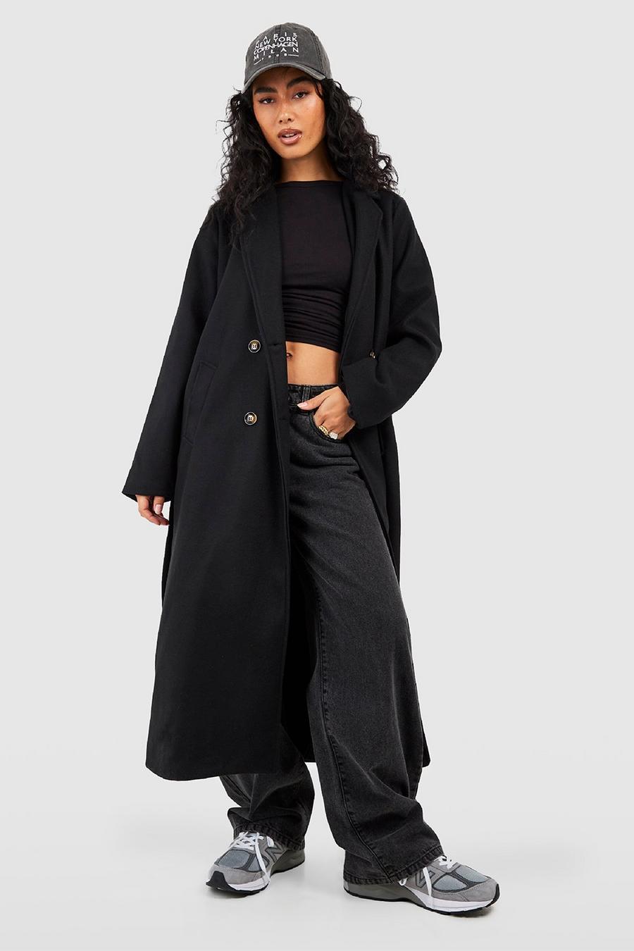 Abrigo de corte largo efecto lana con cinturón y botonadura doble, Negro