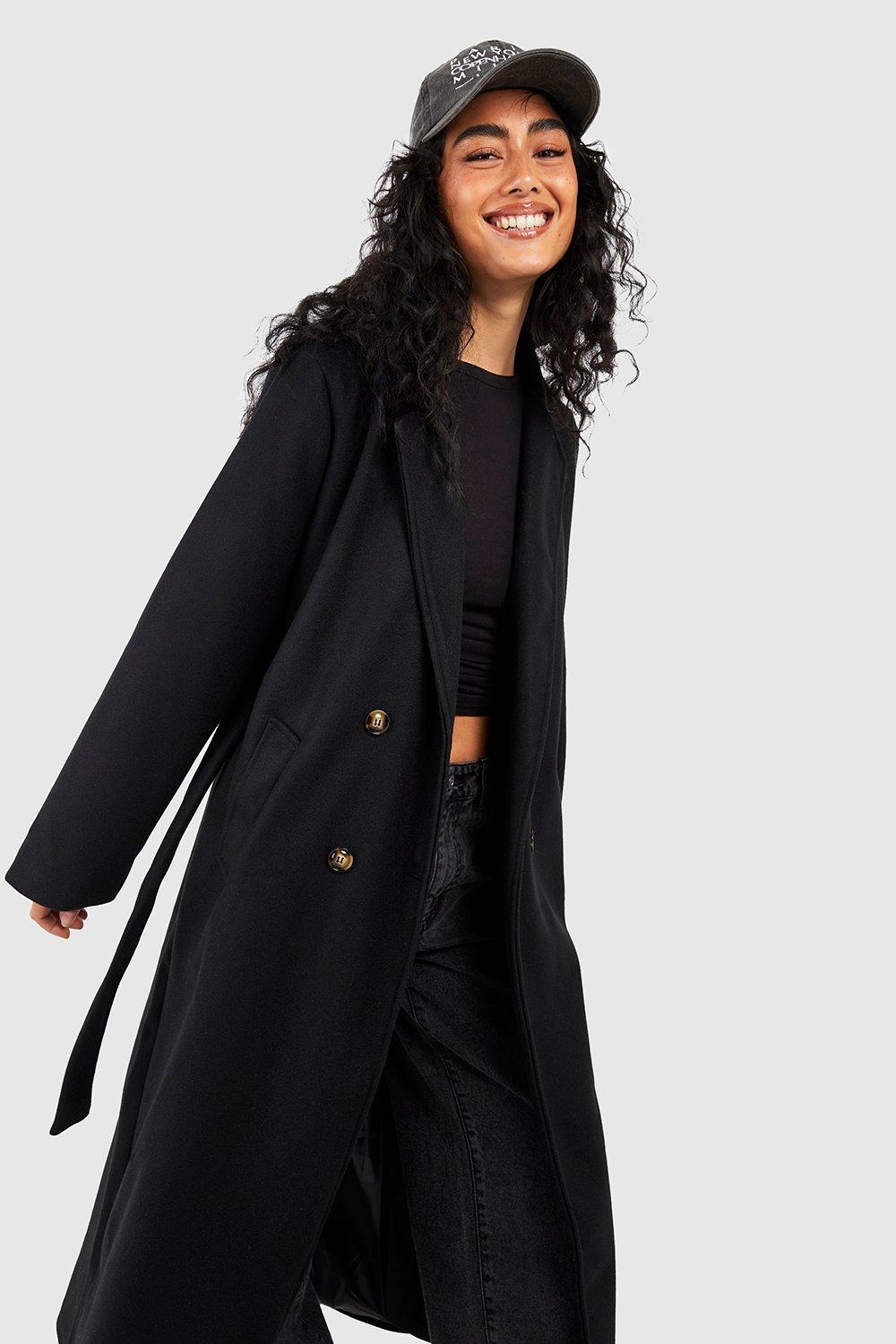 Boohoo belted wool look shop trench coat in black