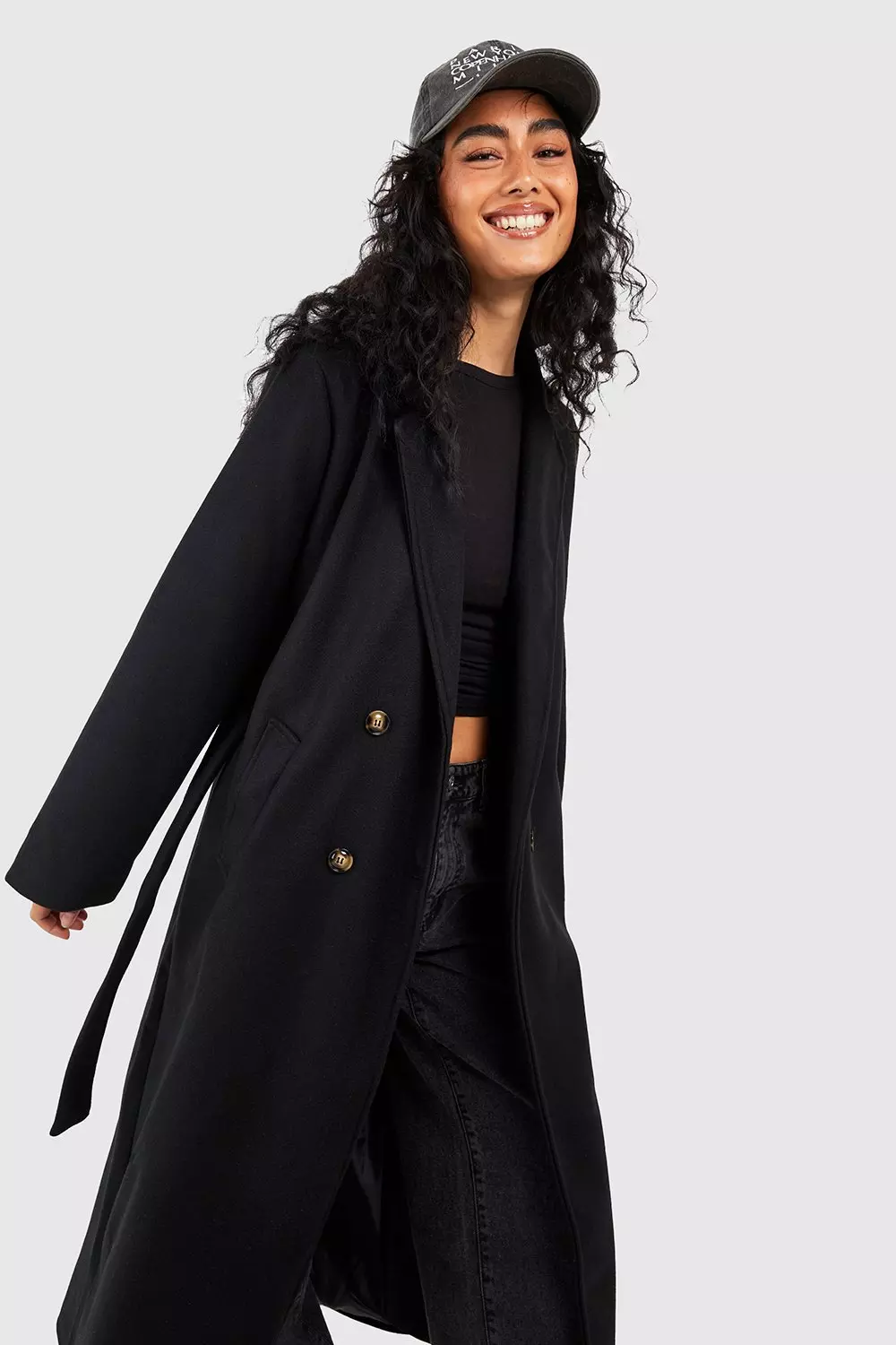 Long black cheap belted wool coat