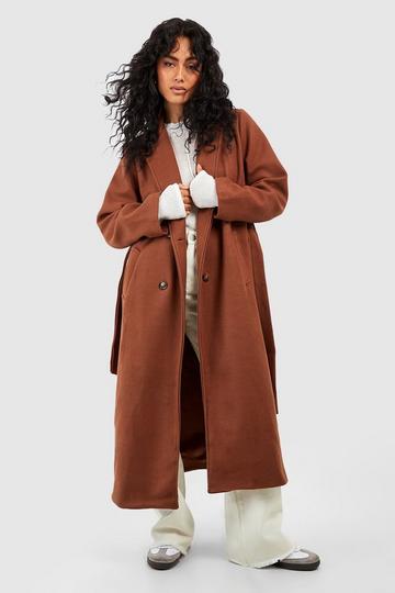 Longline Double Breasted Belted Wool Look Coat chocolate
