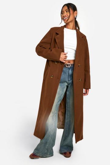 Chocolate Brown Longline Double Breasted Belted Wool Look Coat