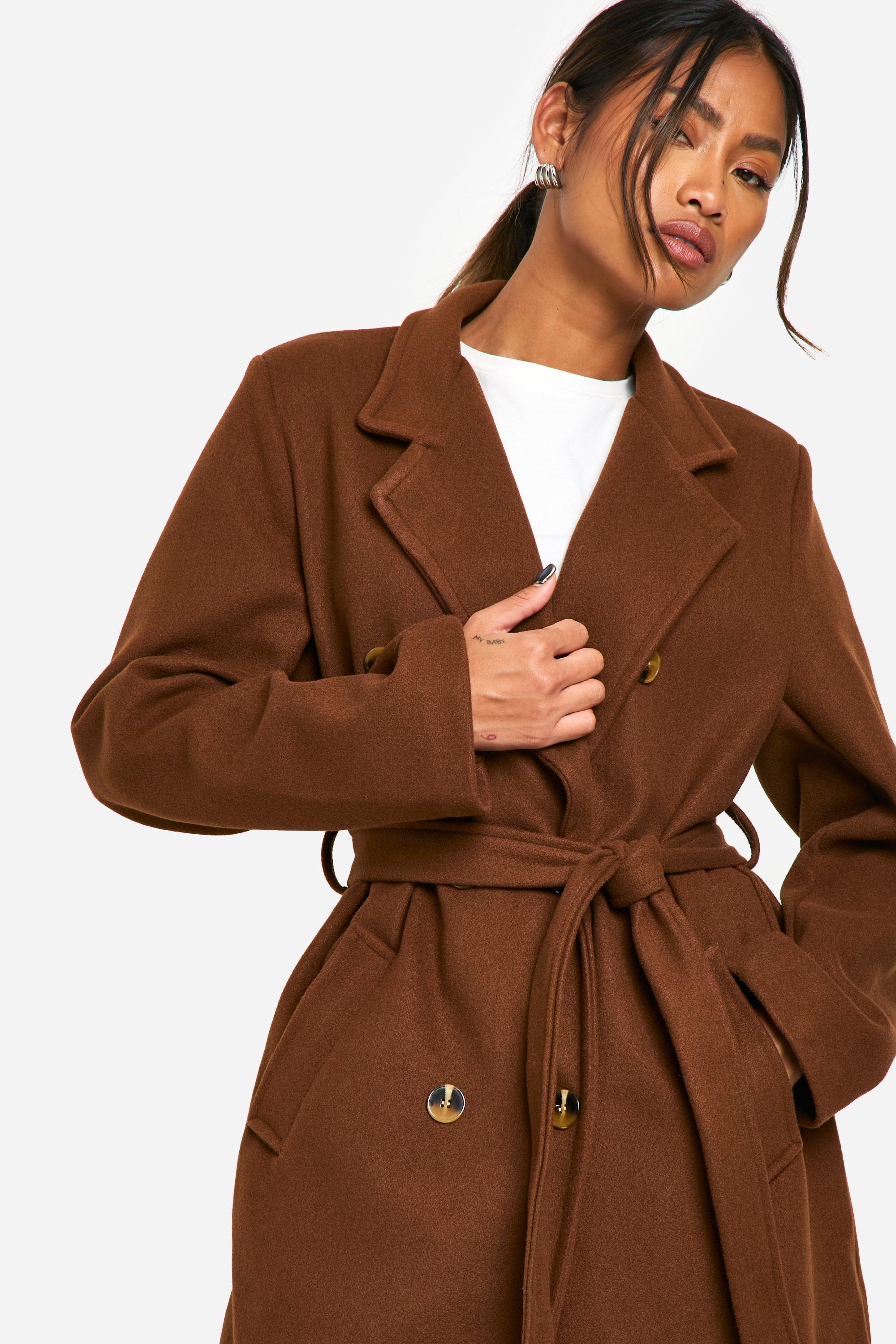 Longline Double Breasted Belted Wool Look Coat boohoo DK