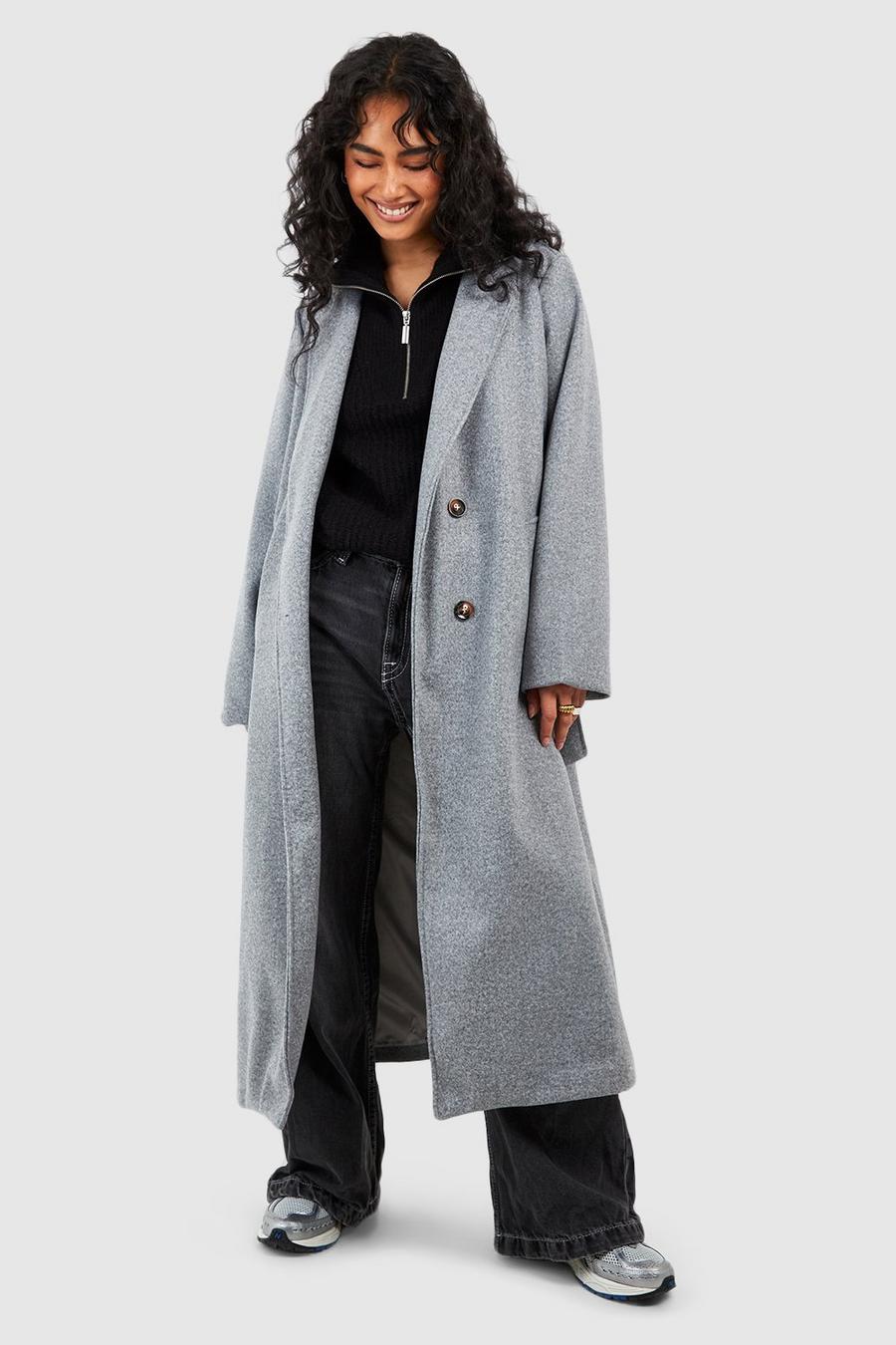 Grey Longline Double Breasted Belted Wool Look Coat