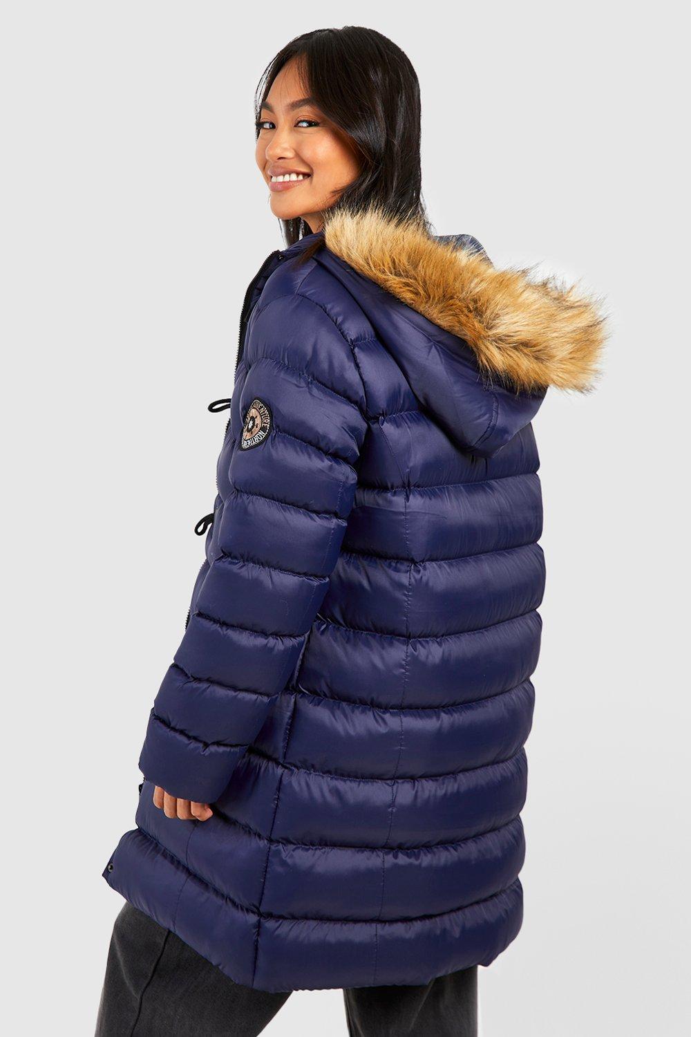 Navy coat with fur on sale hood