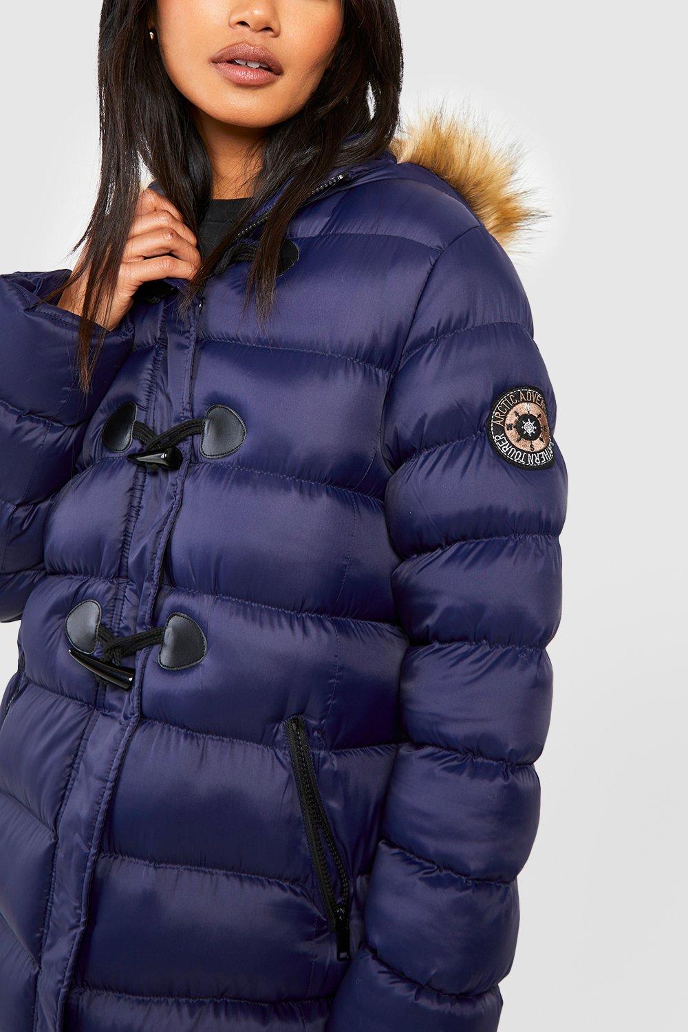 Navy blue coat store with fur hood