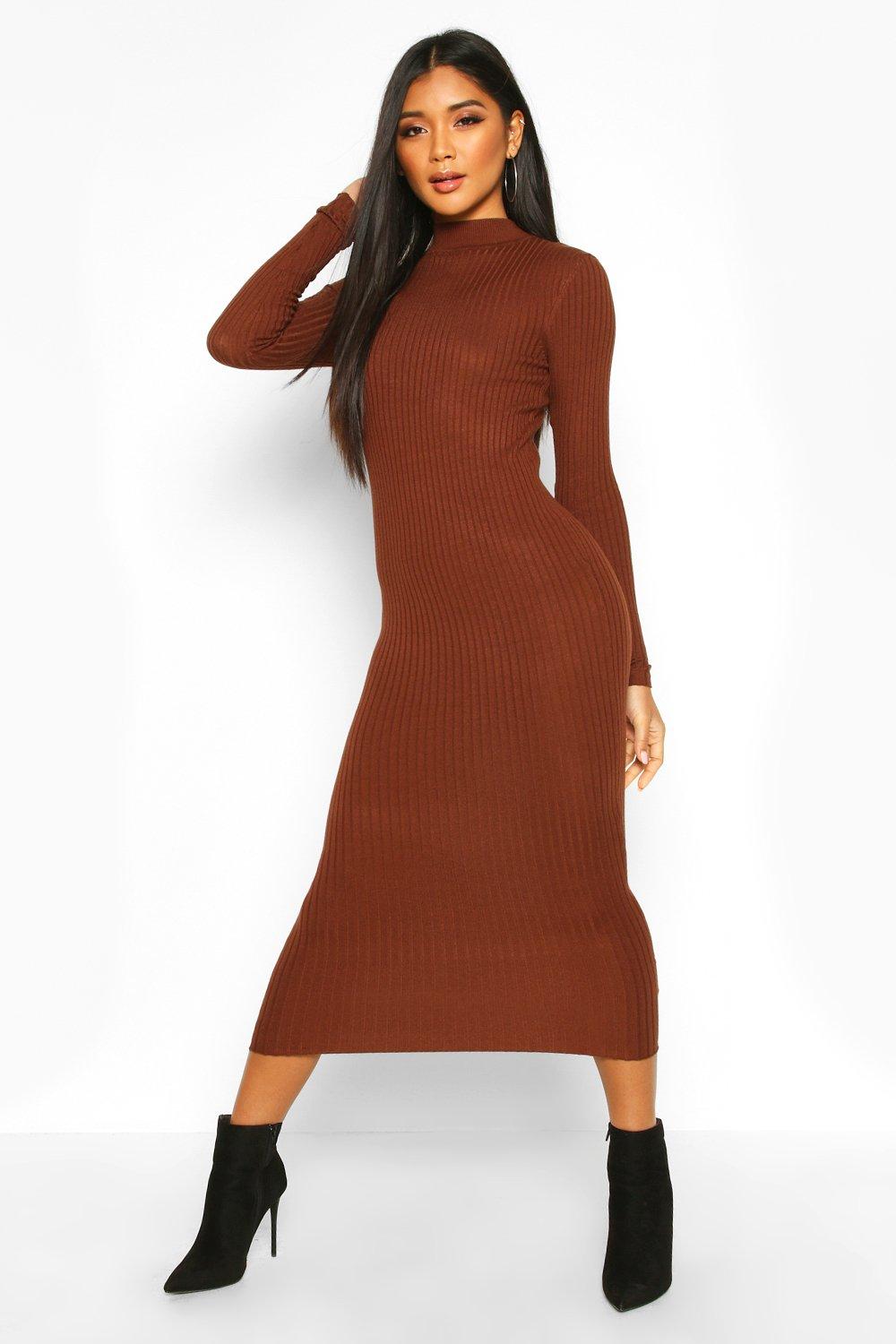 RIB MOCK NECK MIDI DRESS - Brown