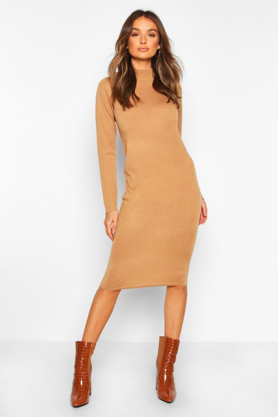 Camel Turtle Neck Knitted Sweater Dress image number 1