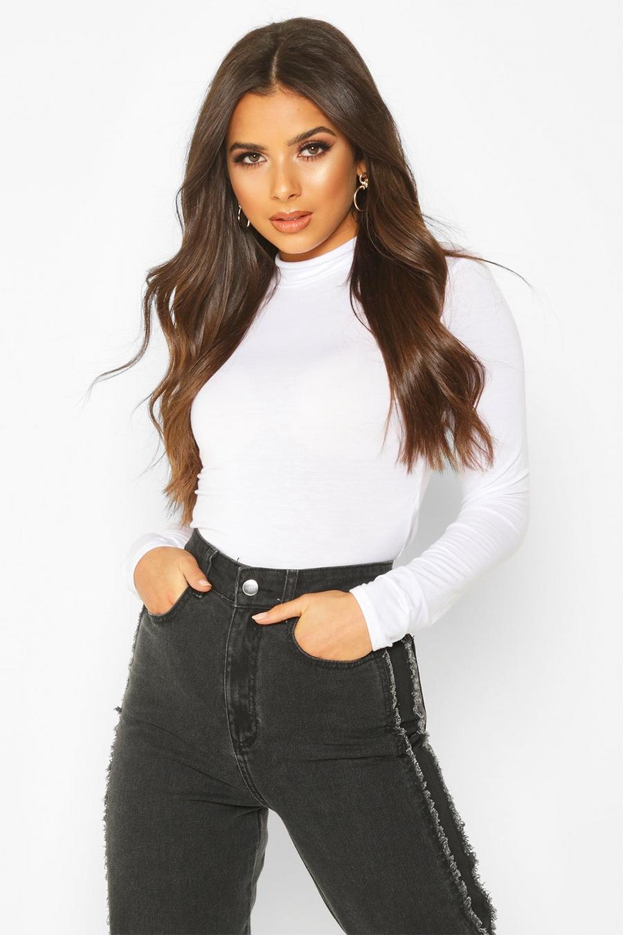 White Basic High Neck Long Sleeve Top image number 1