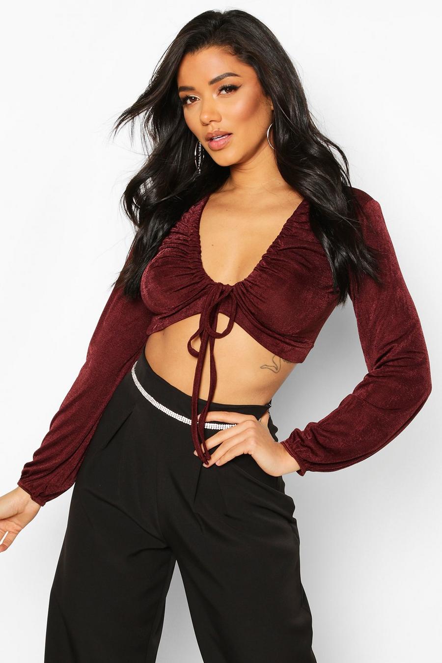 Chocolate Soft Slinky Tie Up Ruched Crop Top image number 1
