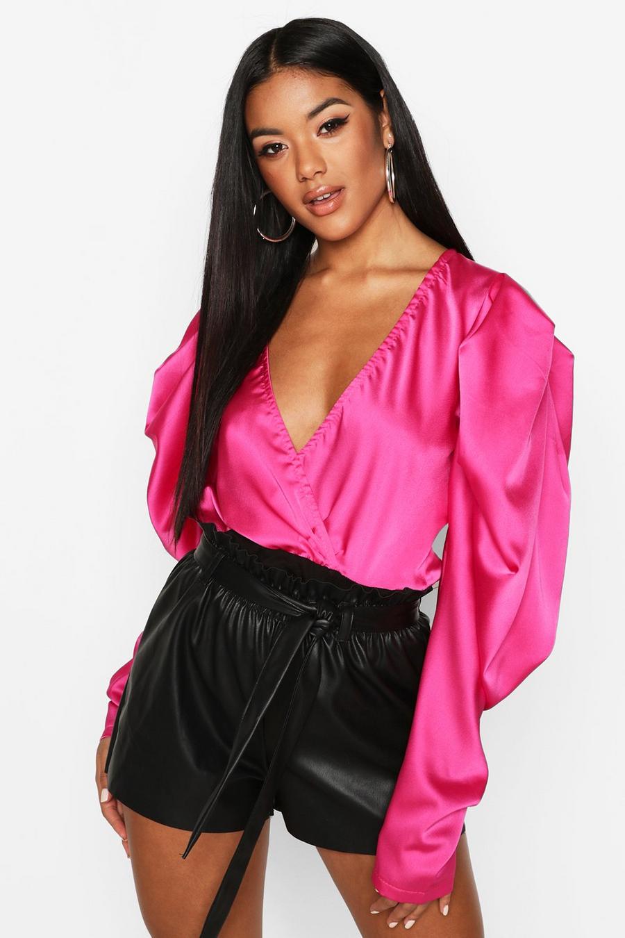 Satin Puff Sleeve Wrap Front Bodysuit image number 1