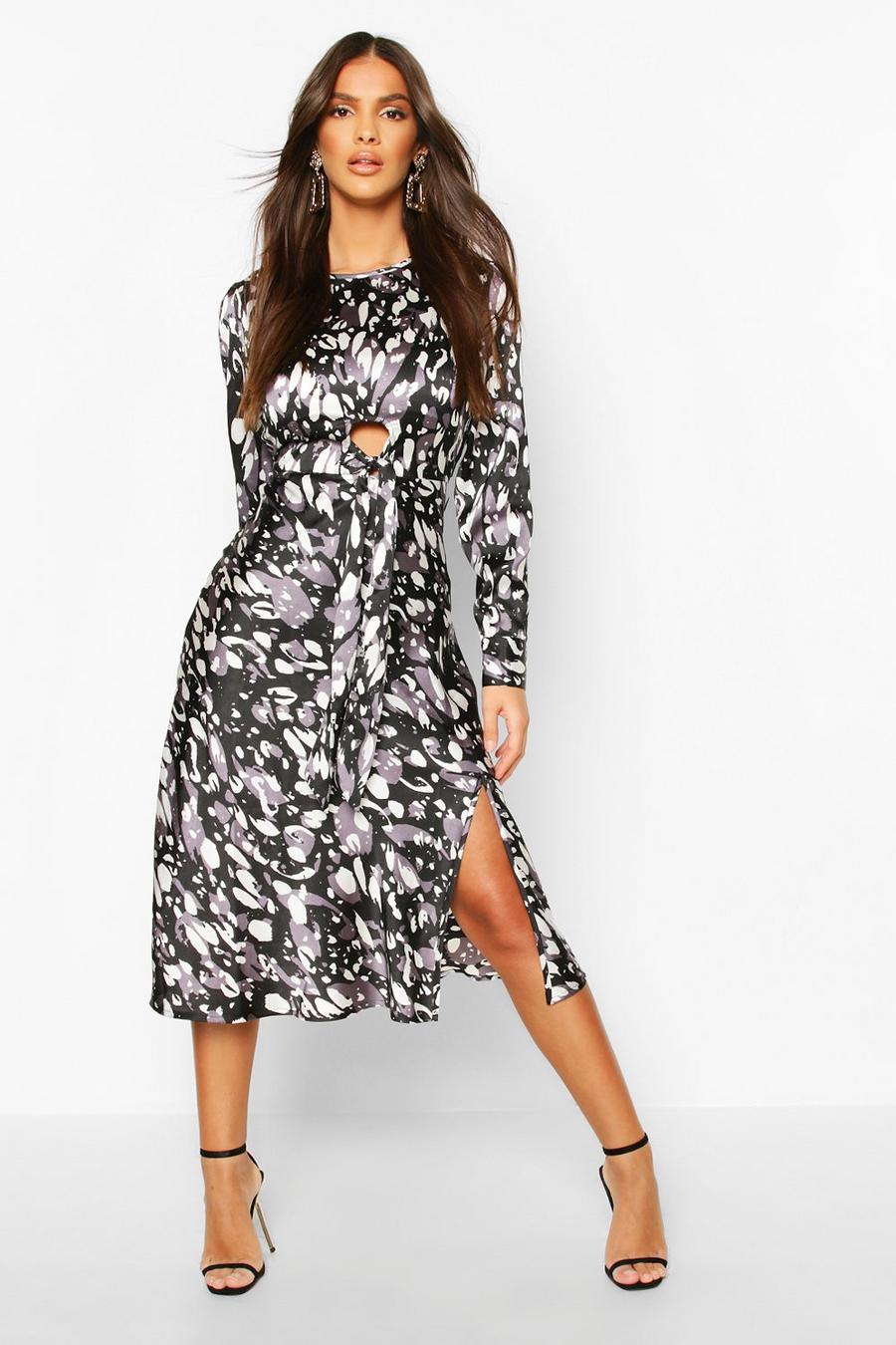 Satijnen midi-jurk met strikdetail en luipaardprint image number 1