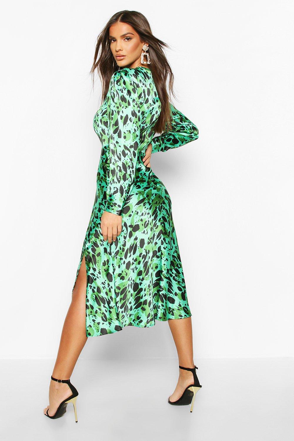 Satin leopard print midi hot sale dress