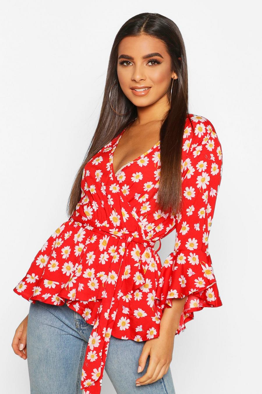 Red Daisy Print Wrap Blouse image number 1