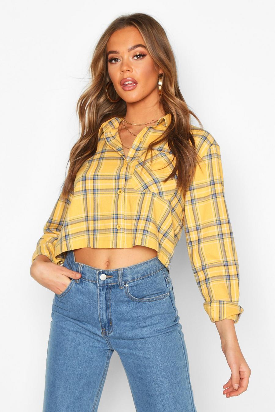 Yellow Flannel Boxy Crop Shirt image number 1