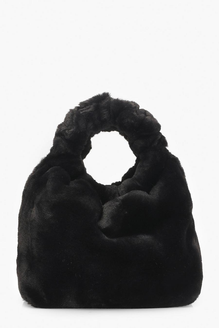 Clutch aus Fake-Fur mit Ringgriff, Schwarz image number 1