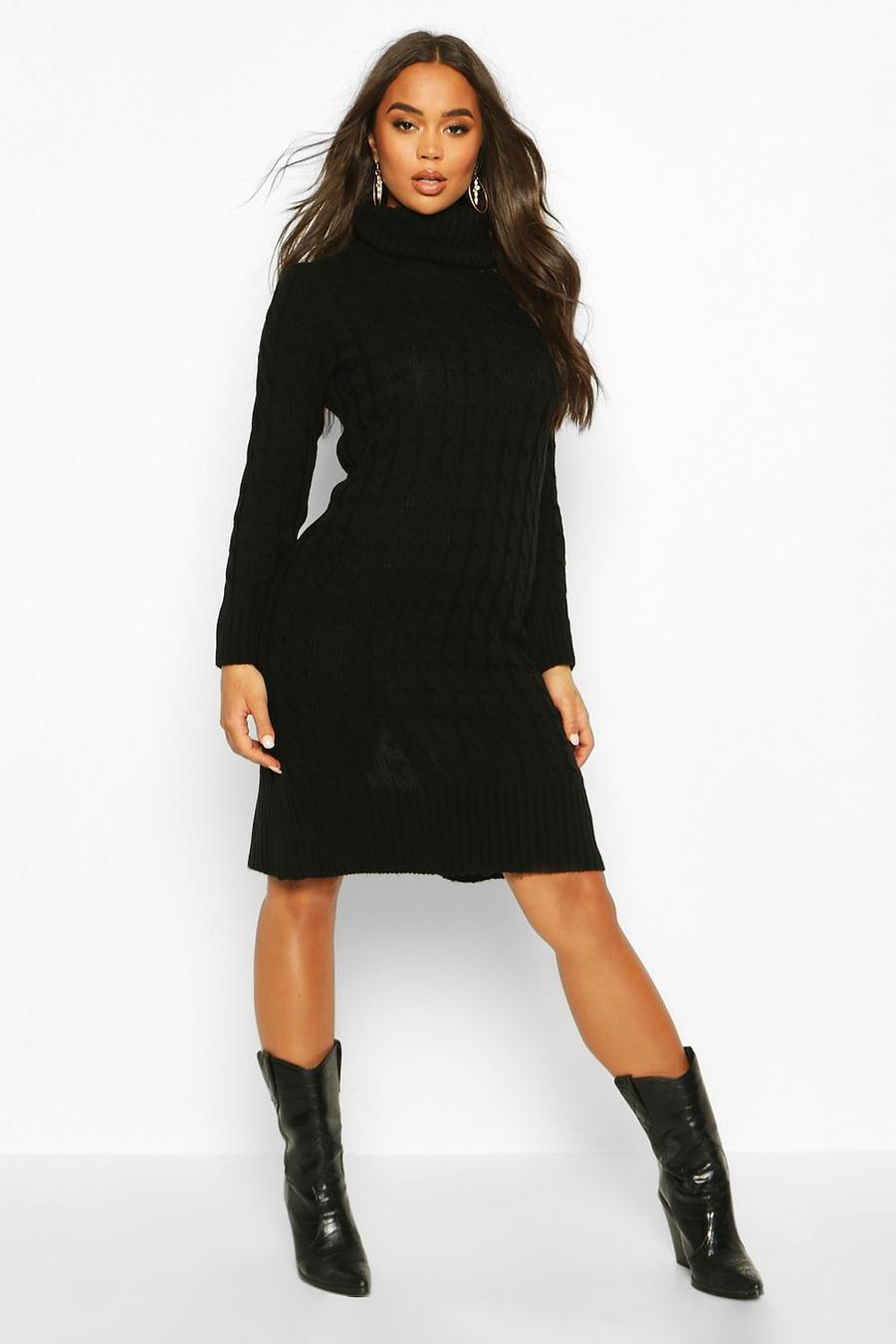 Black Cable Knitted Roll Neck Midi Dress image number 1