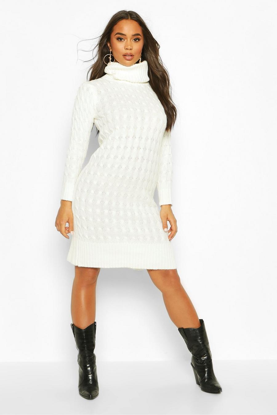 Cream Cable Knitted Turtleneck Midi Dress image number 1