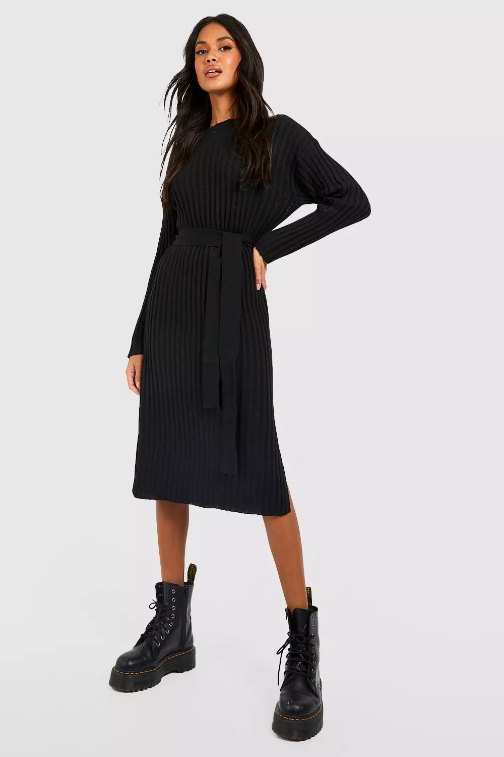 Boohoo tie cuff rib hotsell knit dress