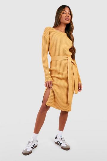 Camel Beige Rib Knit Tie Waist Midi Dress