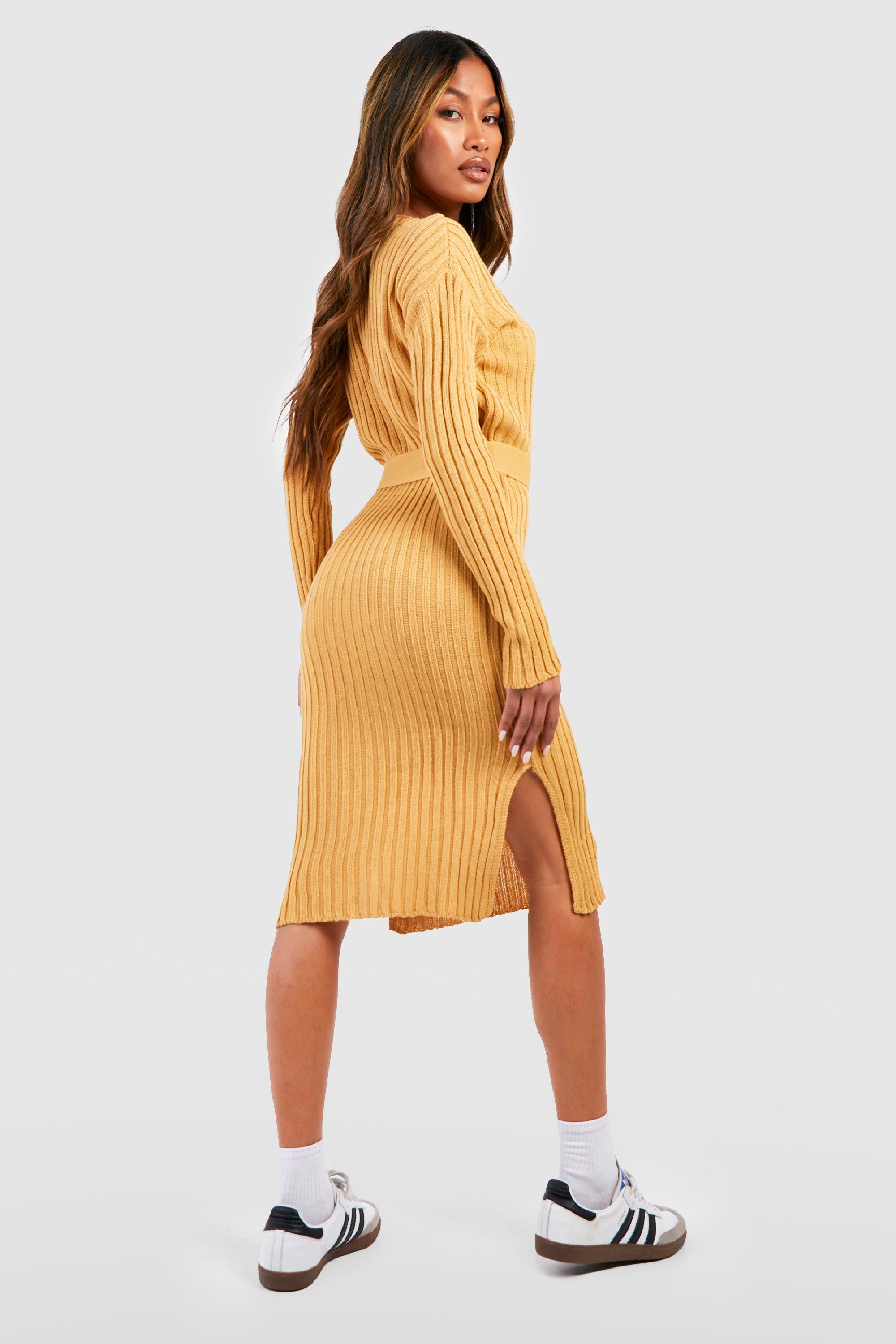 Rib Knit Tie Waist Midaxi Dress boohoo