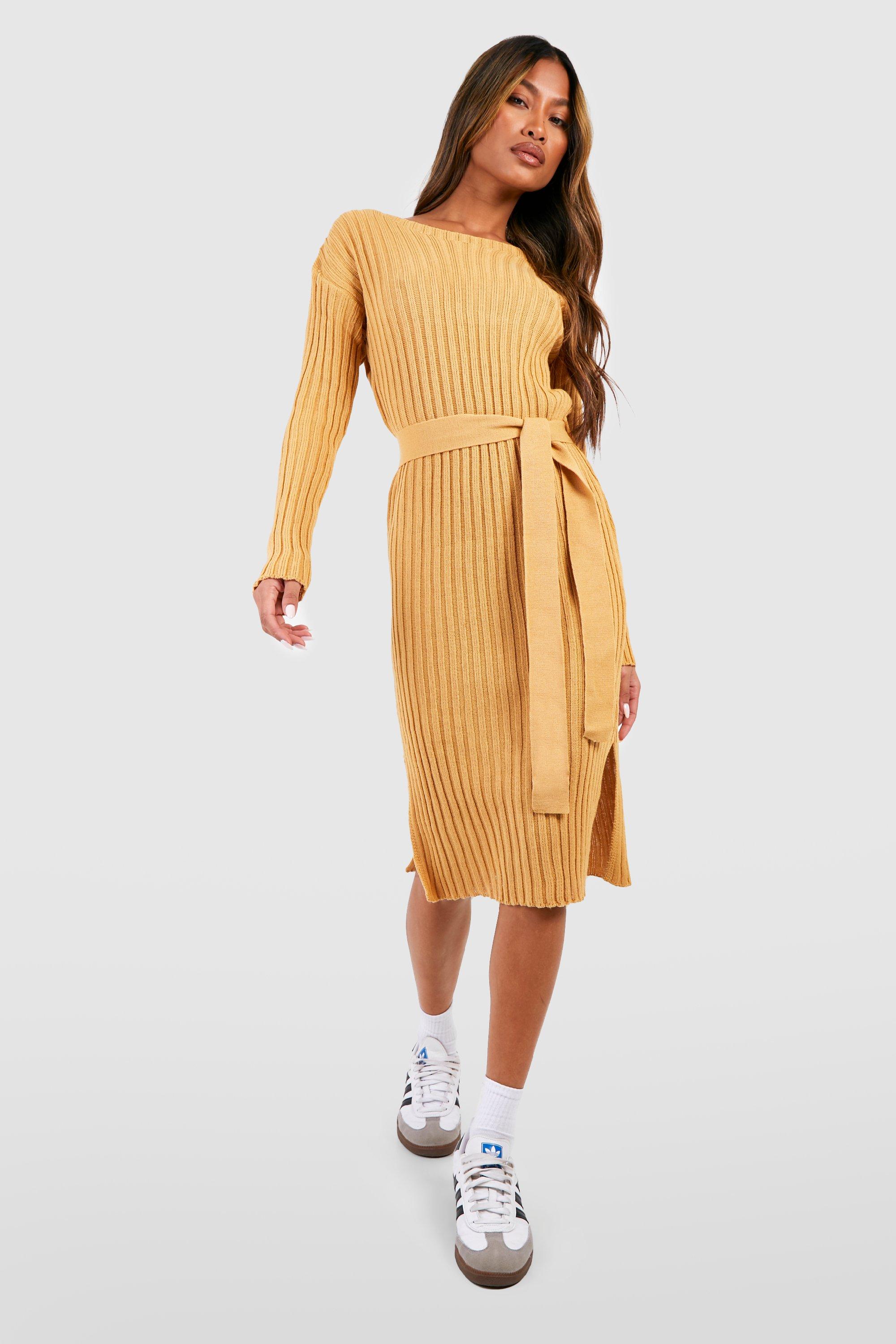 Rib Knit Tie Waist Midaxi Dress boohoo