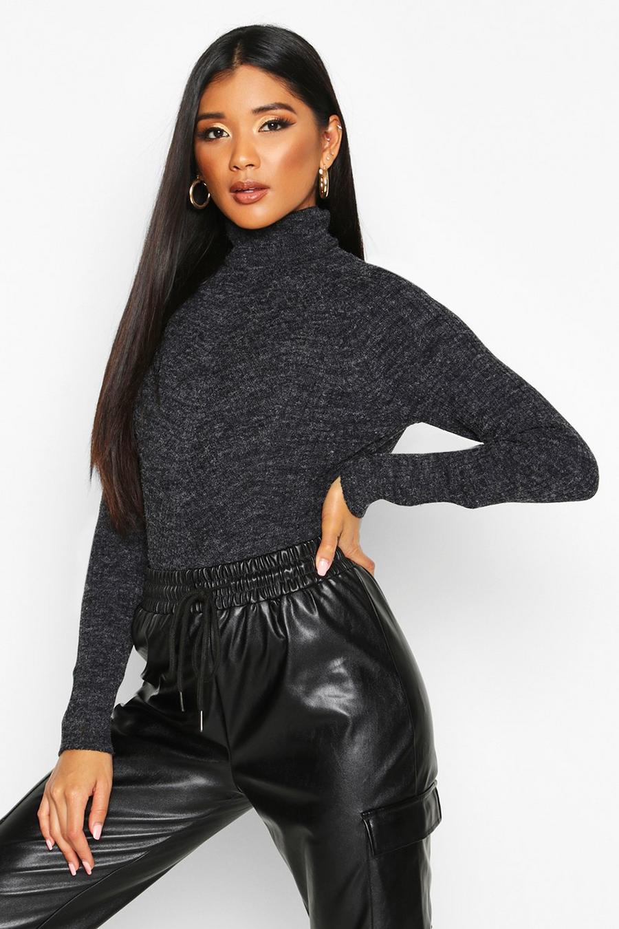 Black Roll Neck Panel Rib Knitted Jumper image number 1