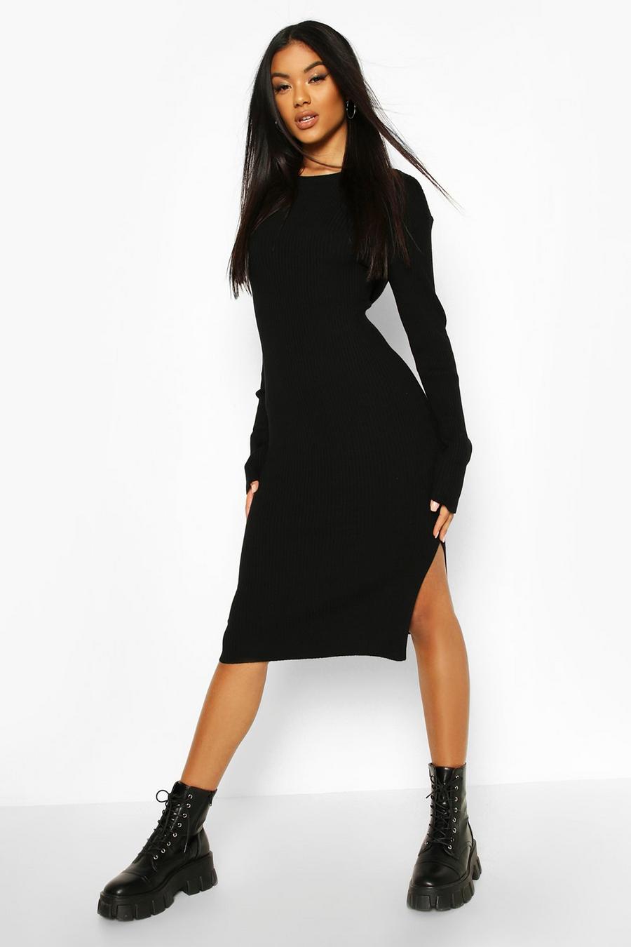 Black Knitted Rib Midi Dress image number 1