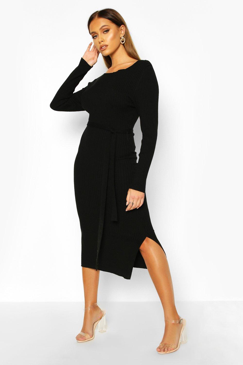 Thick Rib Belted Midi Dress | Boohoo