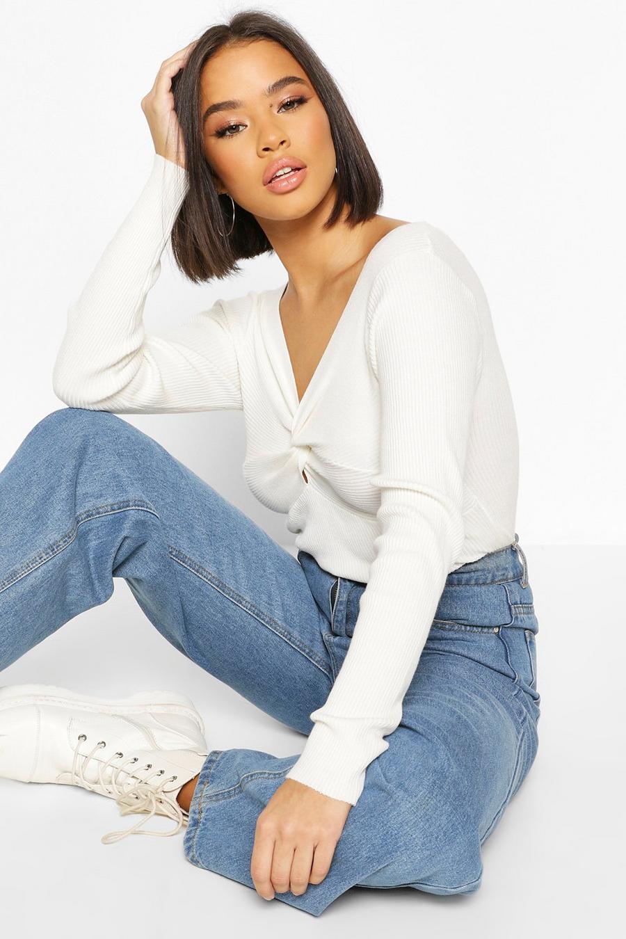 Cream Twist front Rib Cropped Jumper image number 1