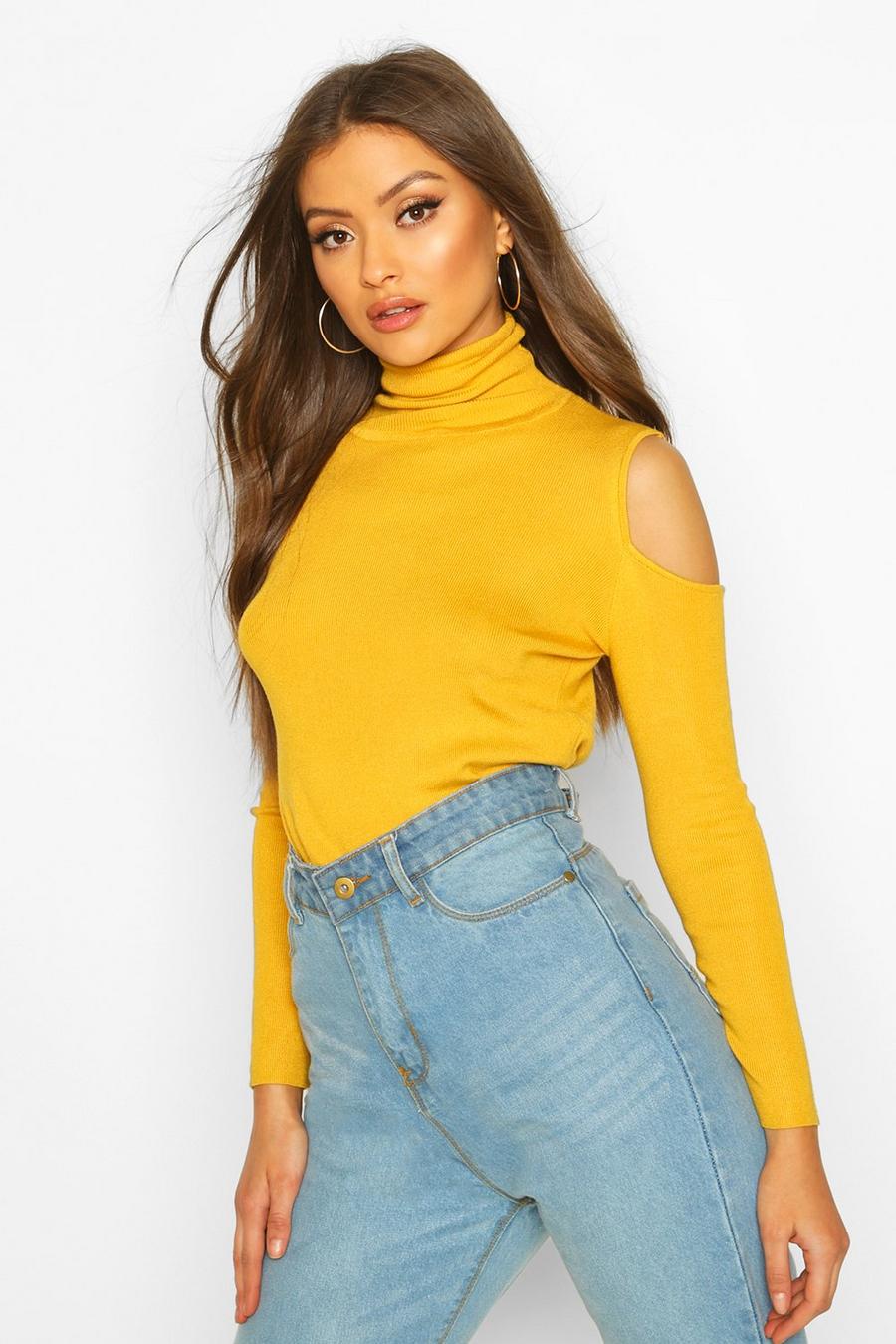 Mustard Cold Shoulder Polo Neck Knitted Top image number 1