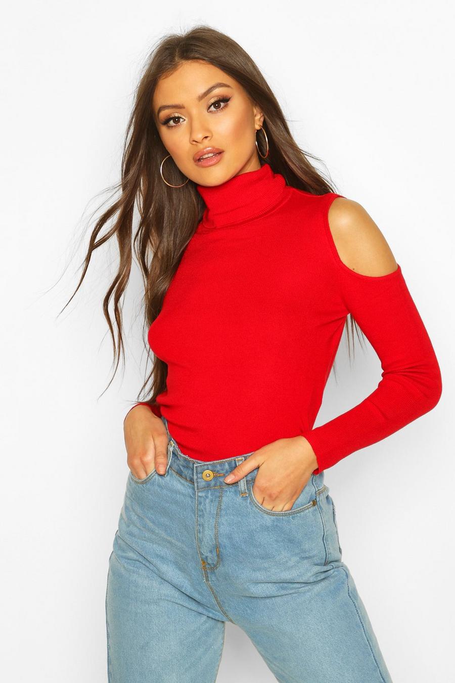 Red Cold Shoulder Polo Neck Knitted Top image number 1