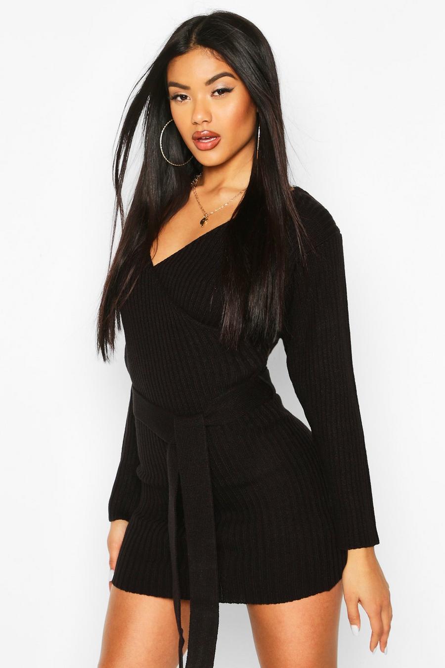 Black Ribbed Wrap Belted Knitted Dress