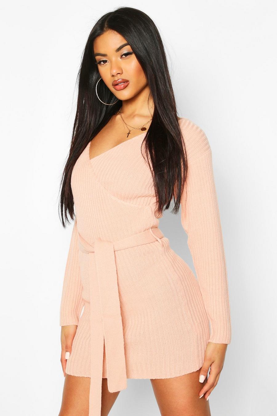 Blush Ribbed Wrap Belted Knitted Dress image number 1